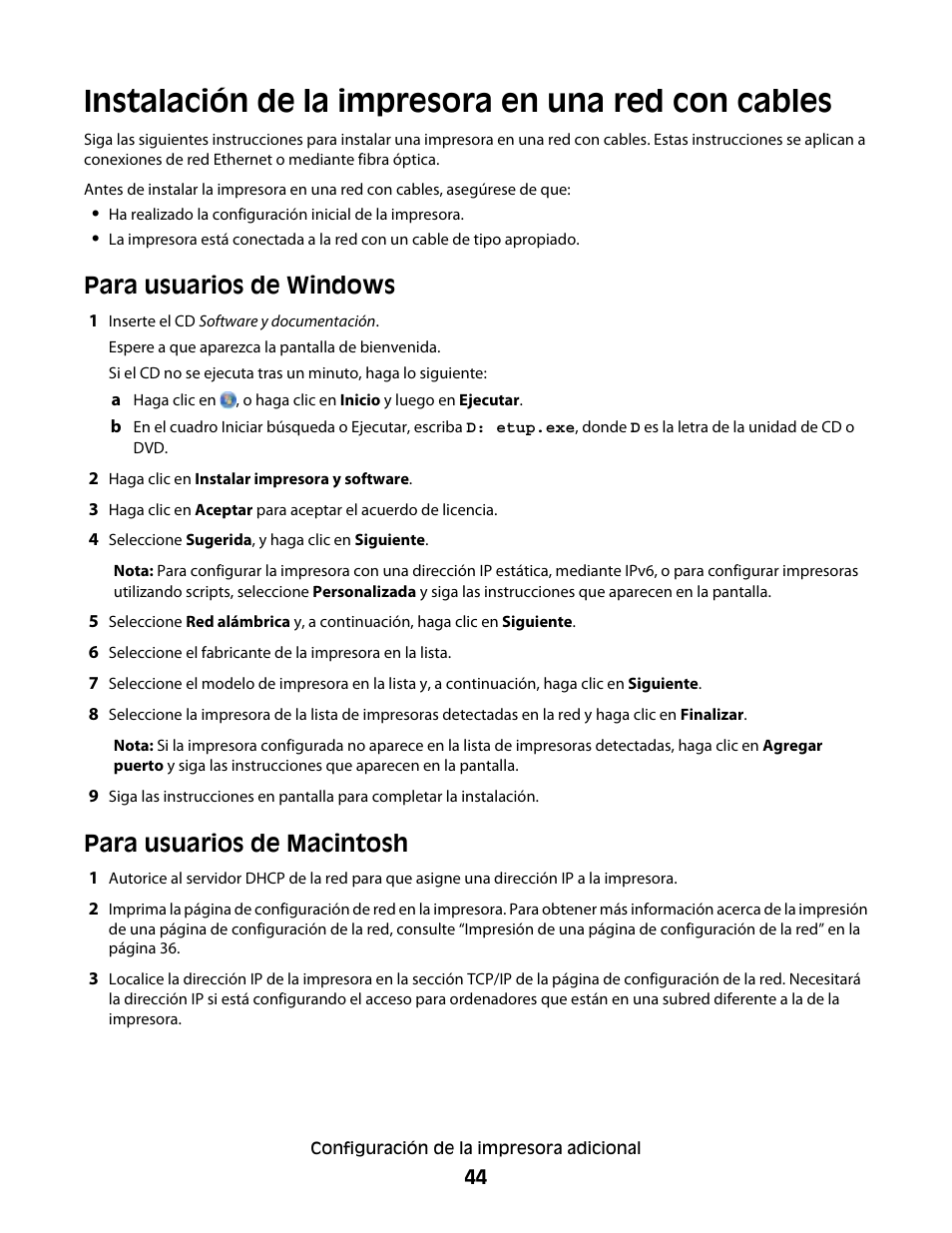 Instalación de la impresora en una red con cables, Para usuarios de windows, Para usuarios de macintosh | Dell 5530/dn Mono Laser Printer User Manual | Page 44 / 217