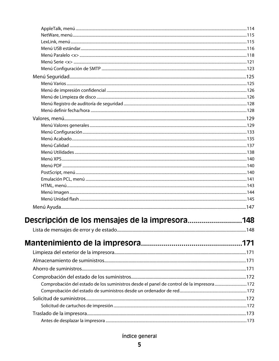 Descripción de los mensajes de la impresora, Mantenimiento de la impresora | Dell 5530/dn Mono Laser Printer User Manual | Page 5 / 217