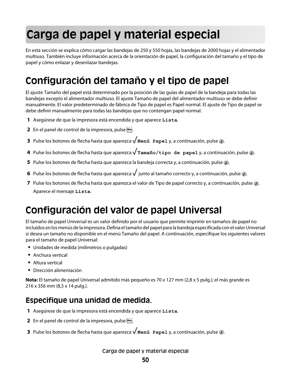 Carga de papel y material especial, Configuración del tamaño y el tipo de papel, Configuración del valor de papel universal | Especifique una unidad de medida | Dell 5530/dn Mono Laser Printer User Manual | Page 50 / 217