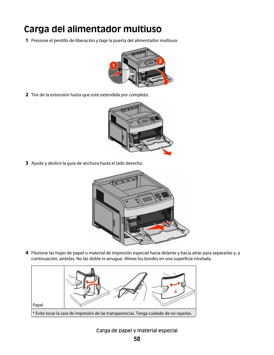 Carga del alimentador multiuso | Dell 5530/dn Mono Laser Printer User Manual | Page 58 / 217