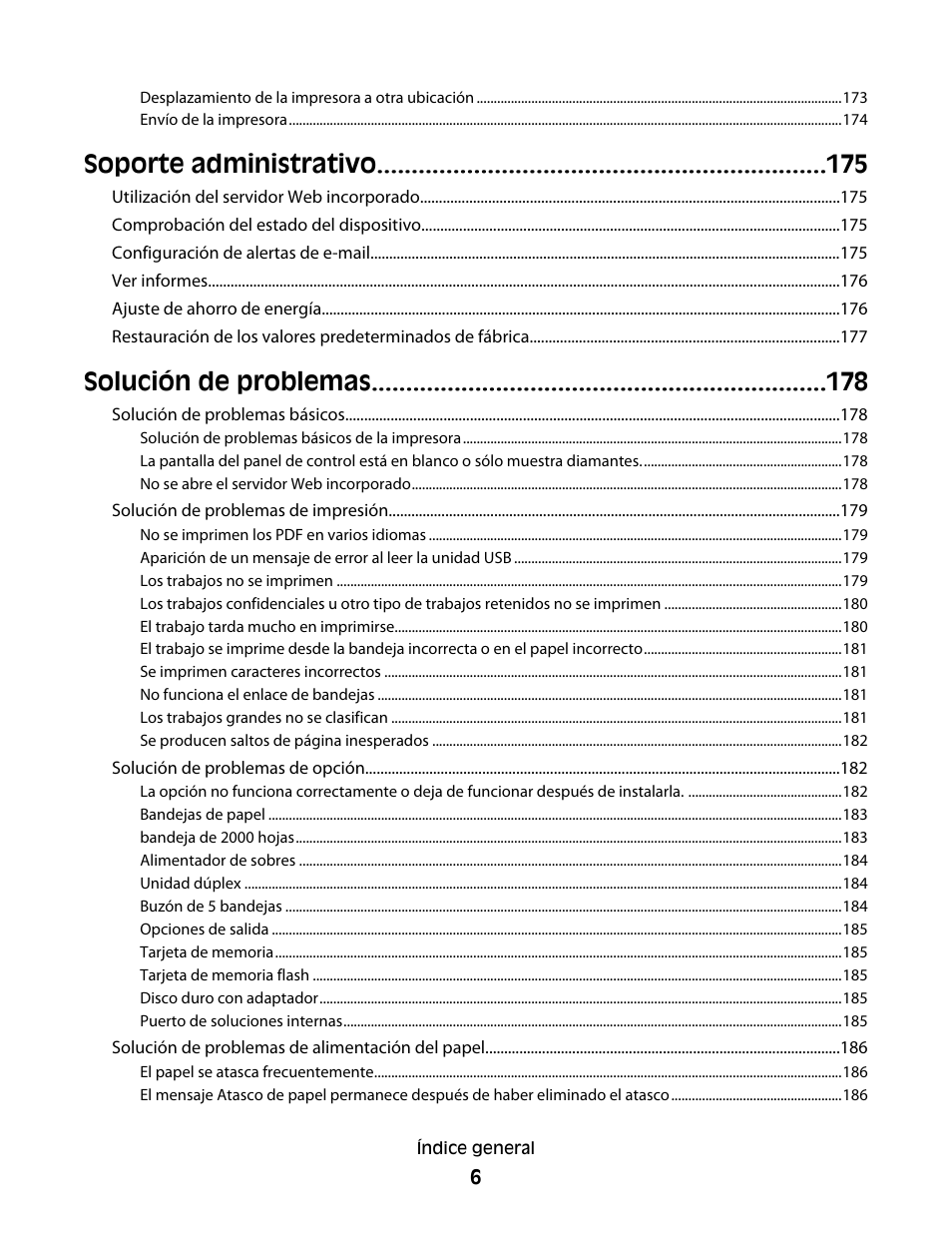 Soporte administrativo, Solución de problemas | Dell 5530/dn Mono Laser Printer User Manual | Page 6 / 217