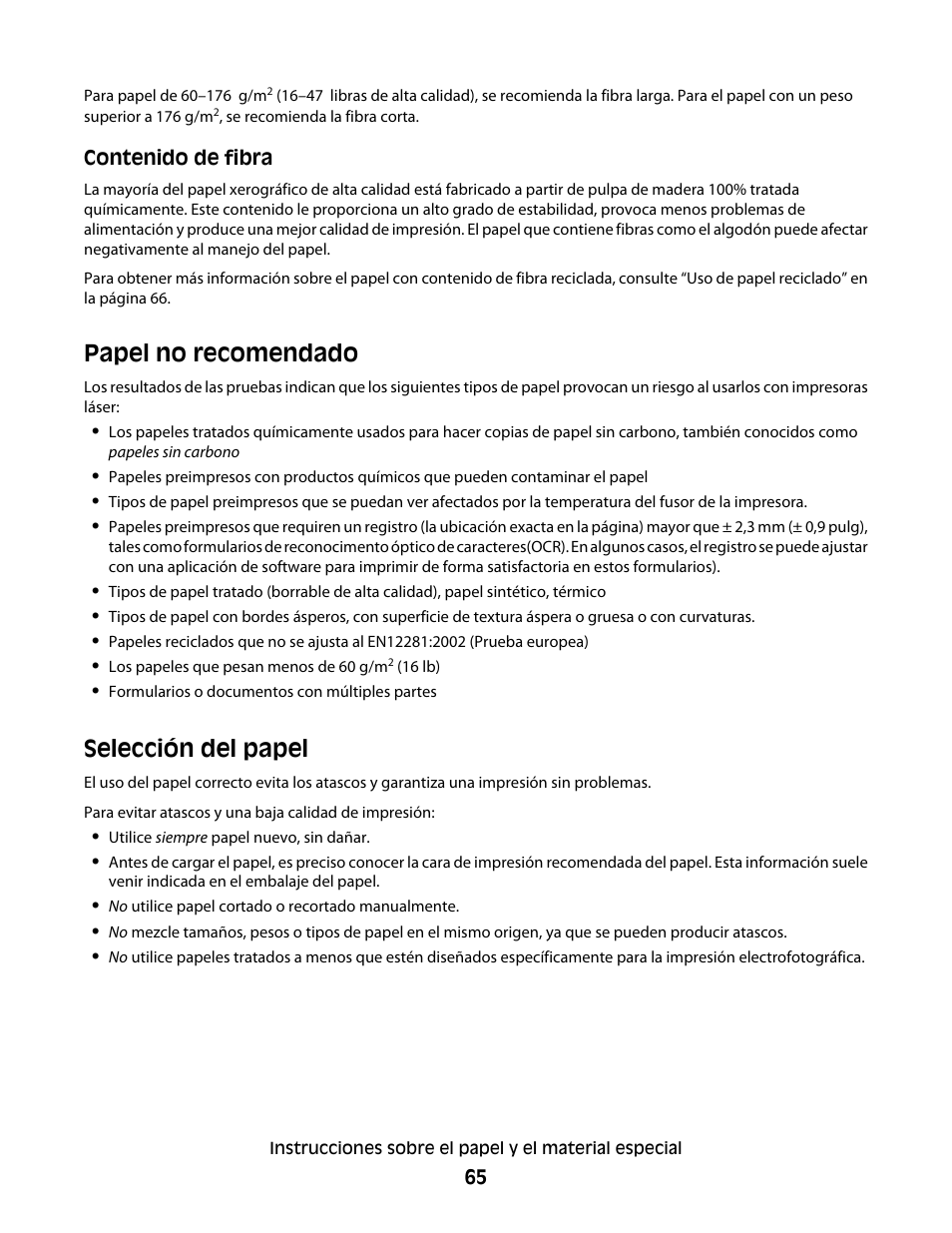 Papel no recomendado, Selección del papel, Papel no recomendado selección del papel | Dell 5530/dn Mono Laser Printer User Manual | Page 65 / 217