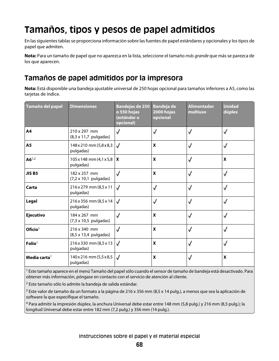 Tamaños, tipos y pesos de papel admitidos, Tamaños de papel admitidos por la impresora | Dell 5530/dn Mono Laser Printer User Manual | Page 68 / 217