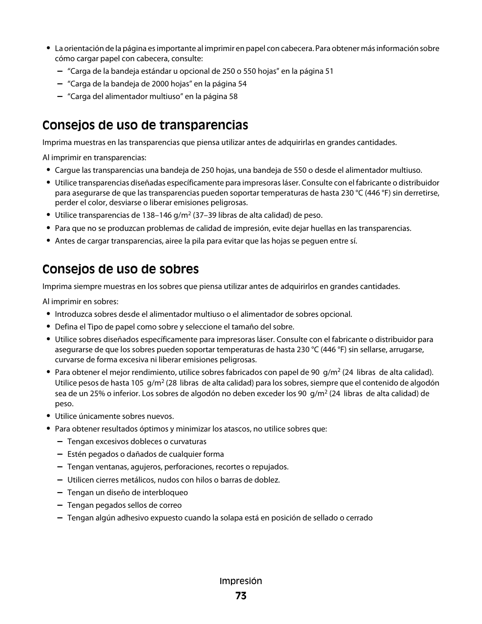 Consejos de uso de transparencias, Consejos de uso de sobres | Dell 5530/dn Mono Laser Printer User Manual | Page 73 / 217