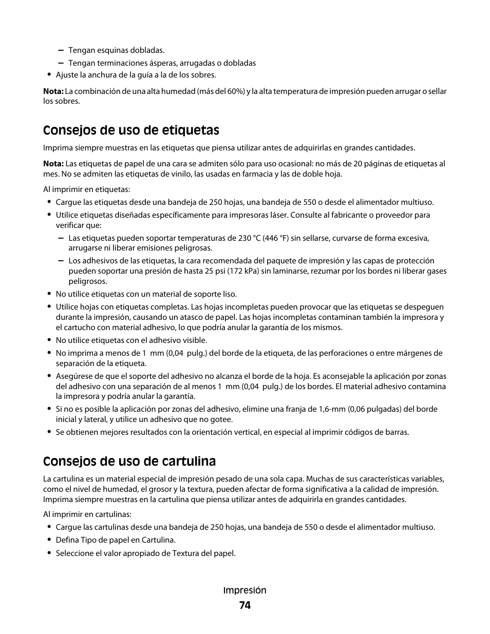 Consejos de uso de etiquetas, Consejos de uso de cartulina | Dell 5530/dn Mono Laser Printer User Manual | Page 74 / 217