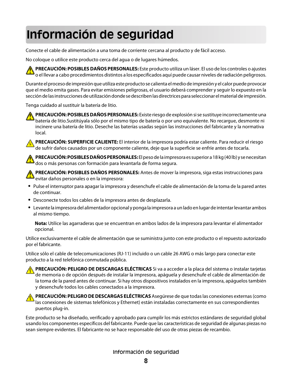 Información de seguridad | Dell 5530/dn Mono Laser Printer User Manual | Page 8 / 217