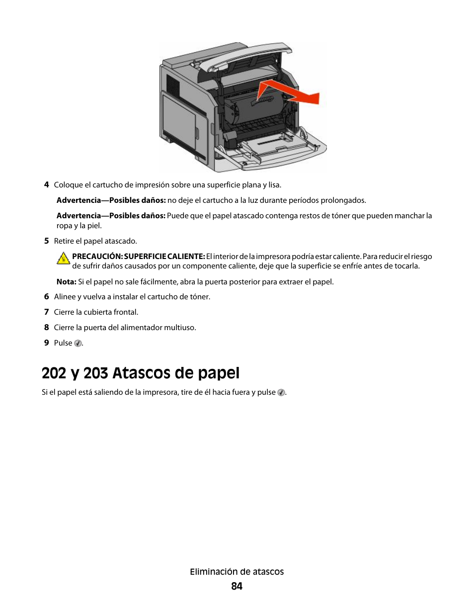 202 y 203 atascos de papel | Dell 5530/dn Mono Laser Printer User Manual | Page 84 / 217