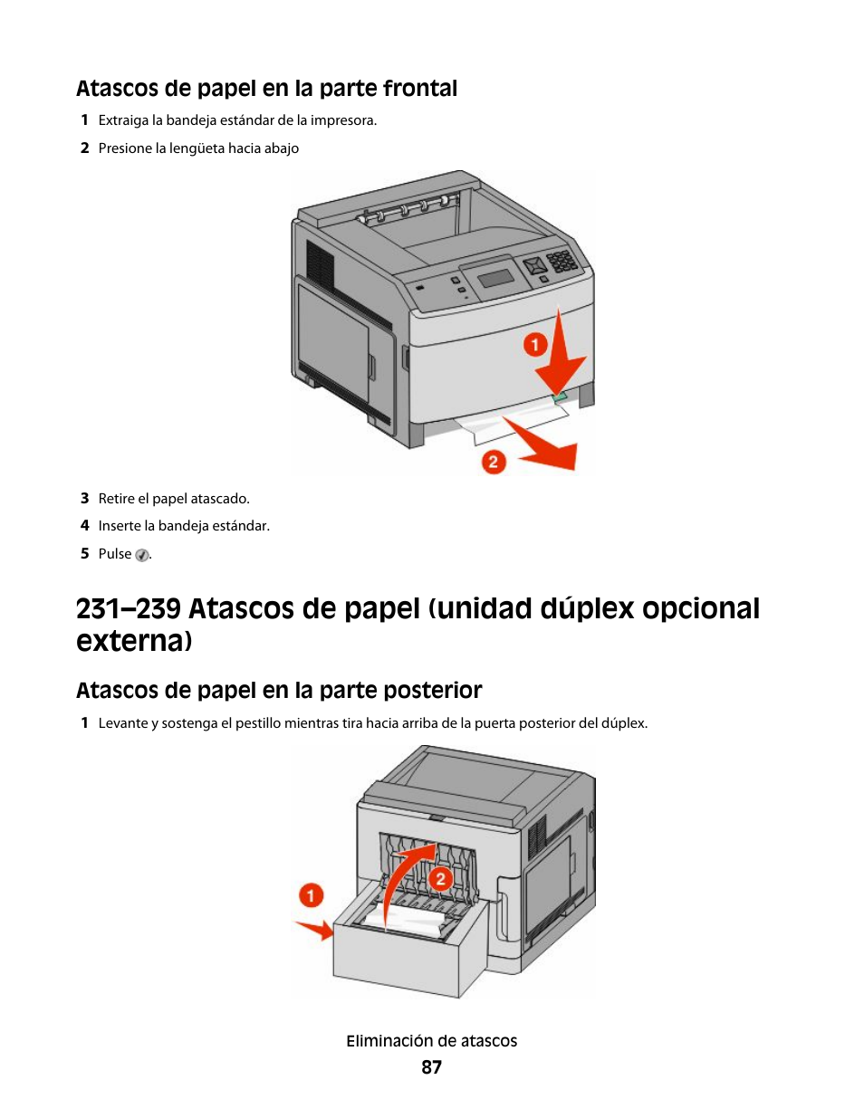 Atascos de papel en la parte frontal, Atascos de papel en la parte posterior | Dell 5530/dn Mono Laser Printer User Manual | Page 87 / 217