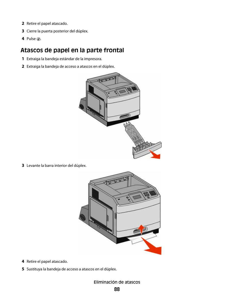 Atascos de papel en la parte frontal | Dell 5530/dn Mono Laser Printer User Manual | Page 88 / 217