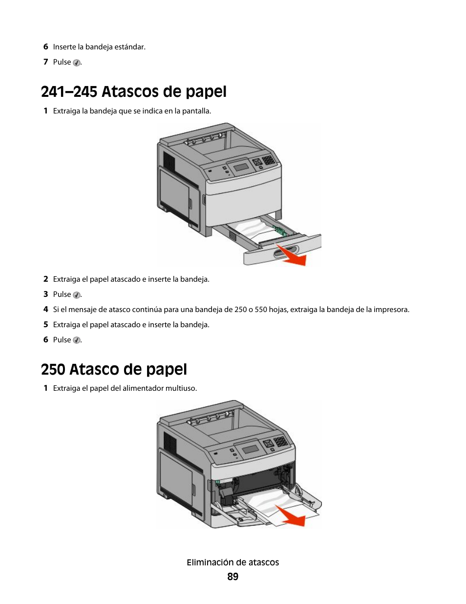 241–245 atascos de papel, 250 atasco de papel, 241–245 atascos de papel 250 atasco de papel | Dell 5530/dn Mono Laser Printer User Manual | Page 89 / 217