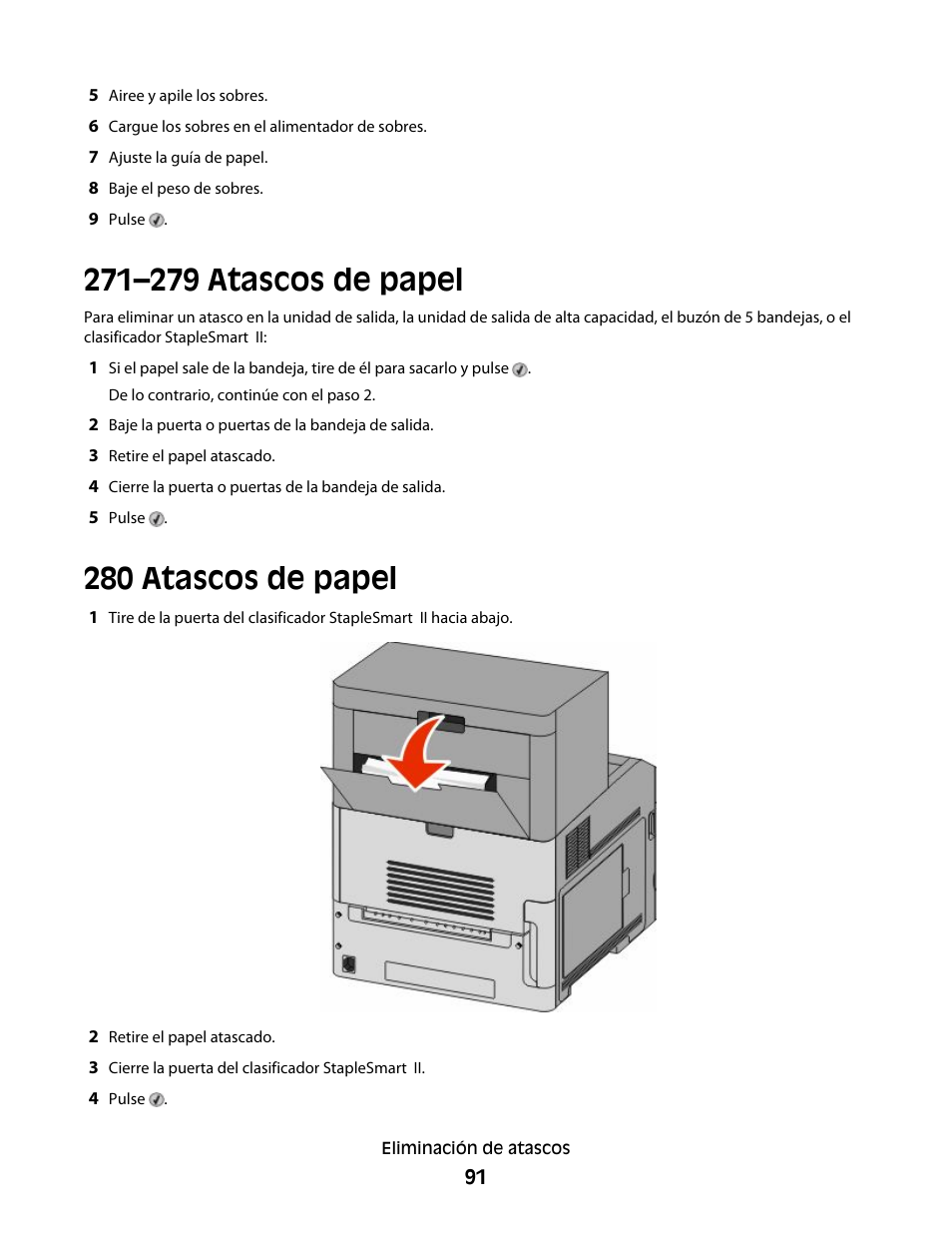 271–279 atascos de papel, 280 atascos de papel, 271–279 atascos de papel 280 atascos de papel | Dell 5530/dn Mono Laser Printer User Manual | Page 91 / 217