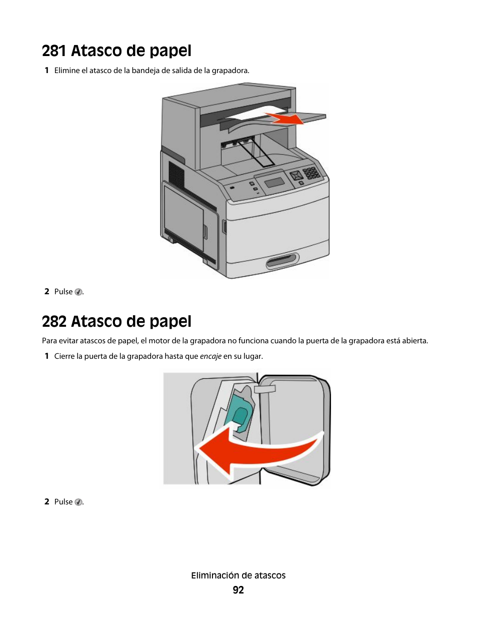 281 atasco de papel, 282 atasco de papel, 281 atasco de papel 282 atasco de papel | Dell 5530/dn Mono Laser Printer User Manual | Page 92 / 217