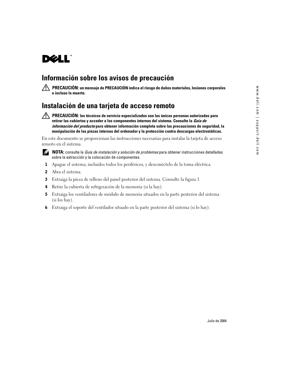 Información sobre los avisos de precaución, Instalación de una tarjeta de acceso remoto | Dell PowerEdge 2850 User Manual | Page 19 / 22