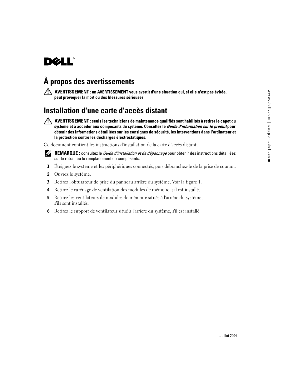 À propos des avertissements, Installation d'une carte d'accès distant | Dell PowerEdge 2850 User Manual | Page 7 / 22