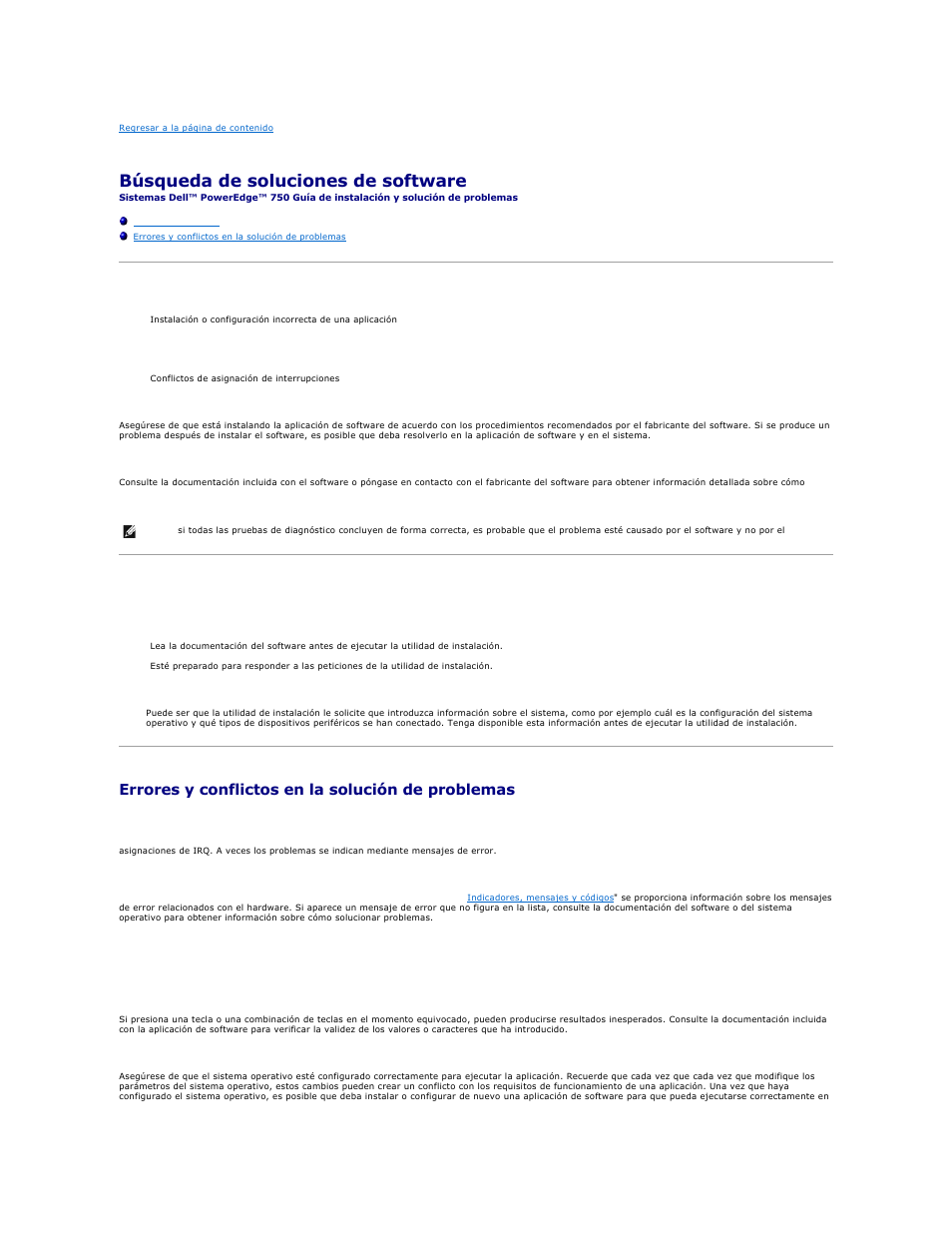 Búsqueda de soluciones de software, Antes de comenzar, Errores y conflictos en la solución de problemas | Errores de entrada | Dell PowerEdge 750 User Manual | Page 27 / 78