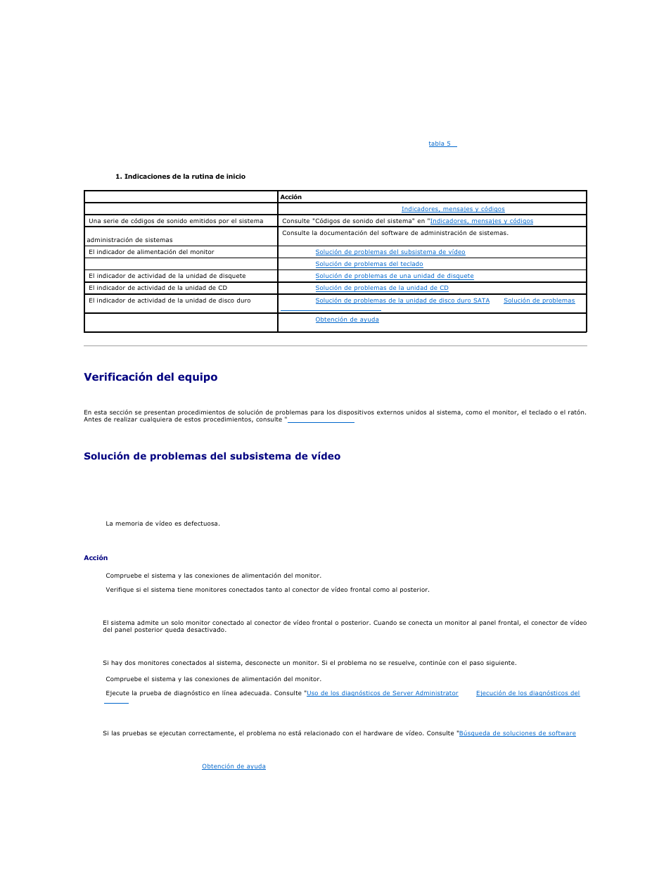 Rutina de inicio, Verificación del equipo, Solución de problemas del subsistema de vídeo | Dell PowerEdge 750 User Manual | Page 33 / 78