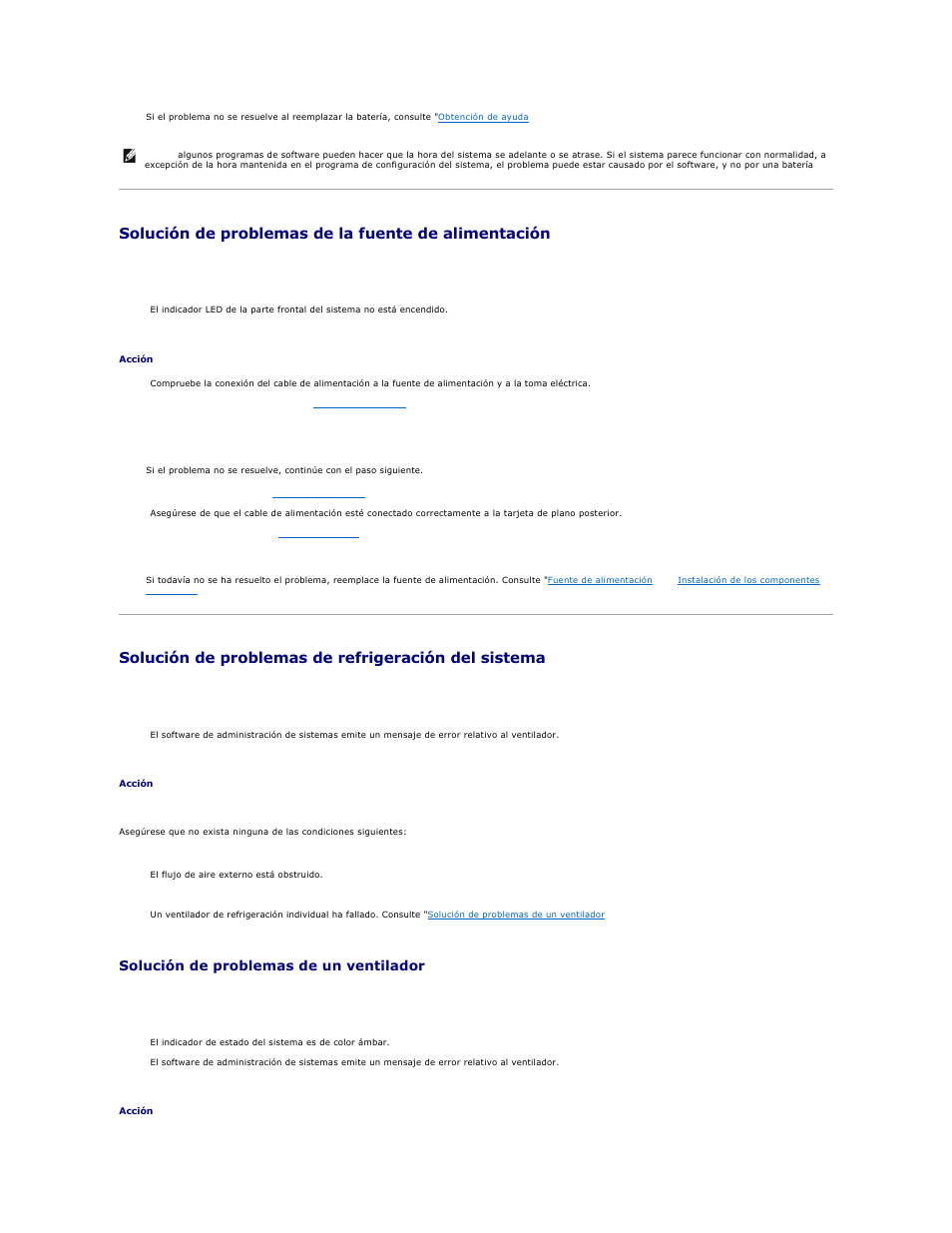 Solución de problemas de la fuente de alimentación, Solución de problemas de refrigeración del sistema, Solución de problemas de un ventilador | Dell PowerEdge 750 User Manual | Page 41 / 78
