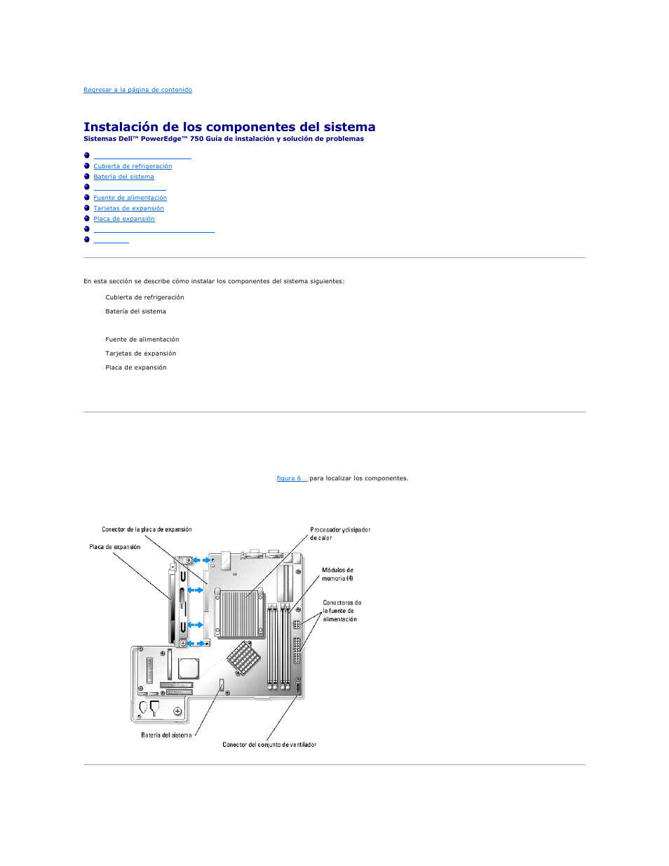 Instalación de los componentes del sistema, Componentes de la placa base | Dell PowerEdge 750 User Manual | Page 49 / 78