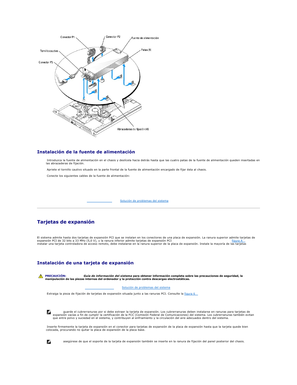 Tarjetas de expansión, Instalación de la fuente de alimentación, Instalación de una tarjeta de expansión | Dell PowerEdge 750 User Manual | Page 53 / 78