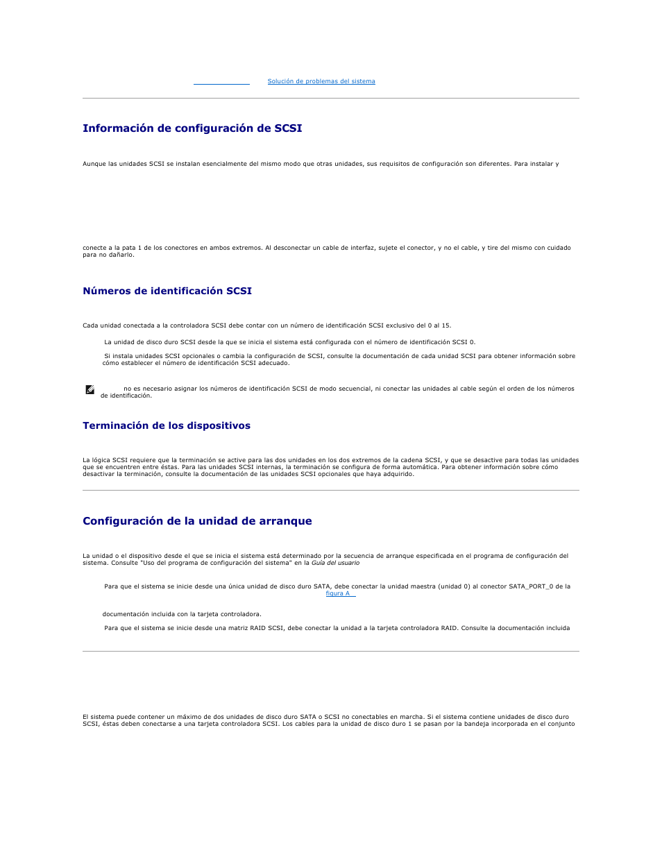 Información de configuración de scsi, Configuración de la unidad de arranque, Unidades de disco duro | Cables de interfaz scsi, Números de identificación scsi, Terminación de los dispositivos | Dell PowerEdge 750 User Manual | Page 63 / 78