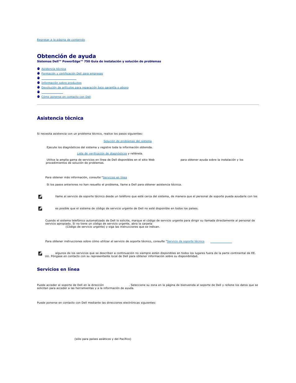 Obtención de ayuda, Asistencia técnica, Servicios en línea | Dell PowerEdge 750 User Manual | Page 66 / 78