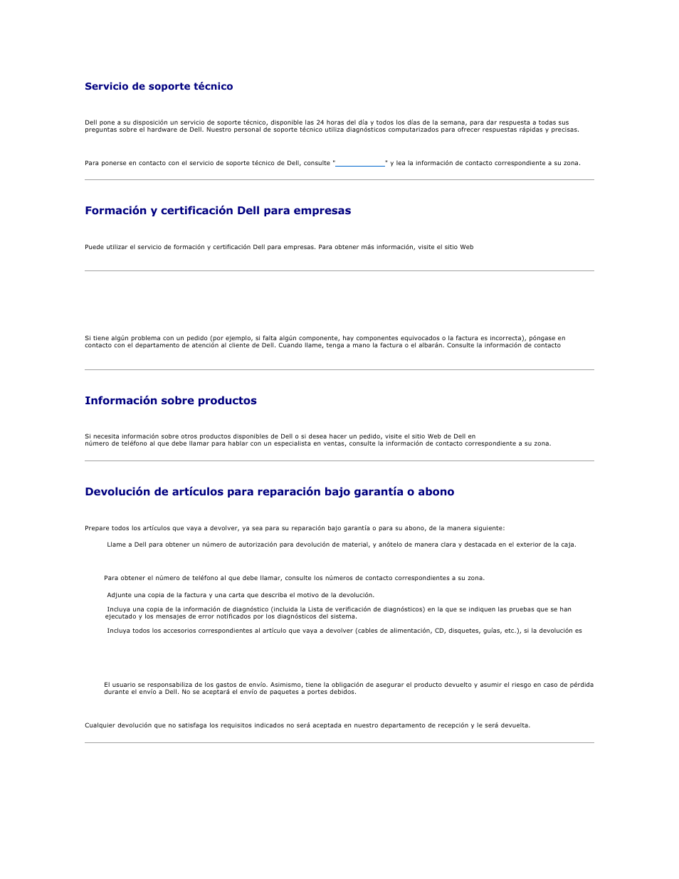 Formación y certificación dell para empresas, Problemas con su pedido, Información sobre productos | Antes de llamar, Servicio de soporte técnico | Dell PowerEdge 750 User Manual | Page 68 / 78