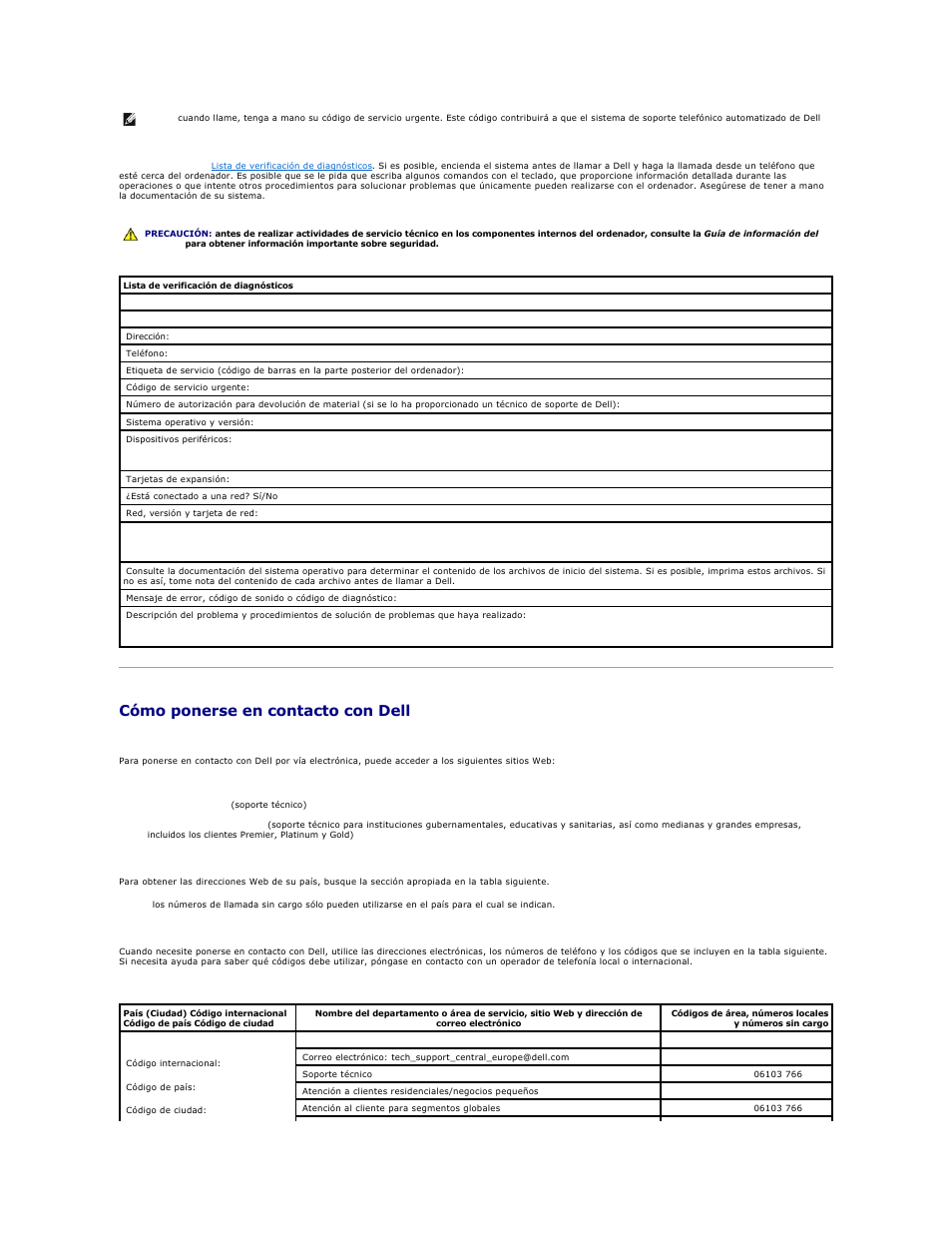 Cómo ponerse en contacto con dell, Haga una copia de la, Lista de verificación de diagnósticos | Dell PowerEdge 750 User Manual | Page 69 / 78