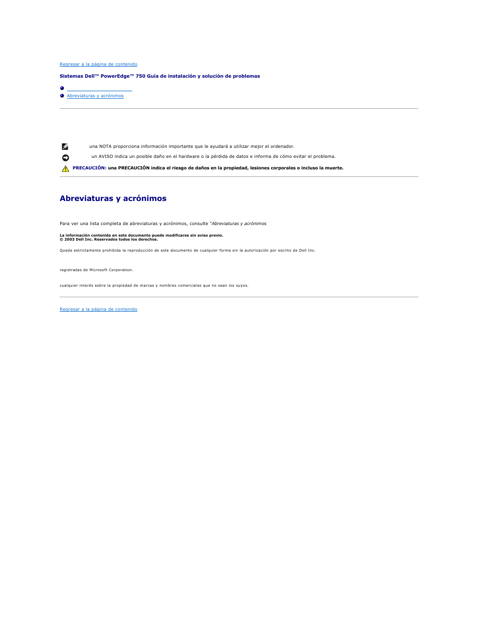 Notas, avisos y precauciones, Abreviaturas y acrónimos | Dell PowerEdge 750 User Manual | Page 78 / 78