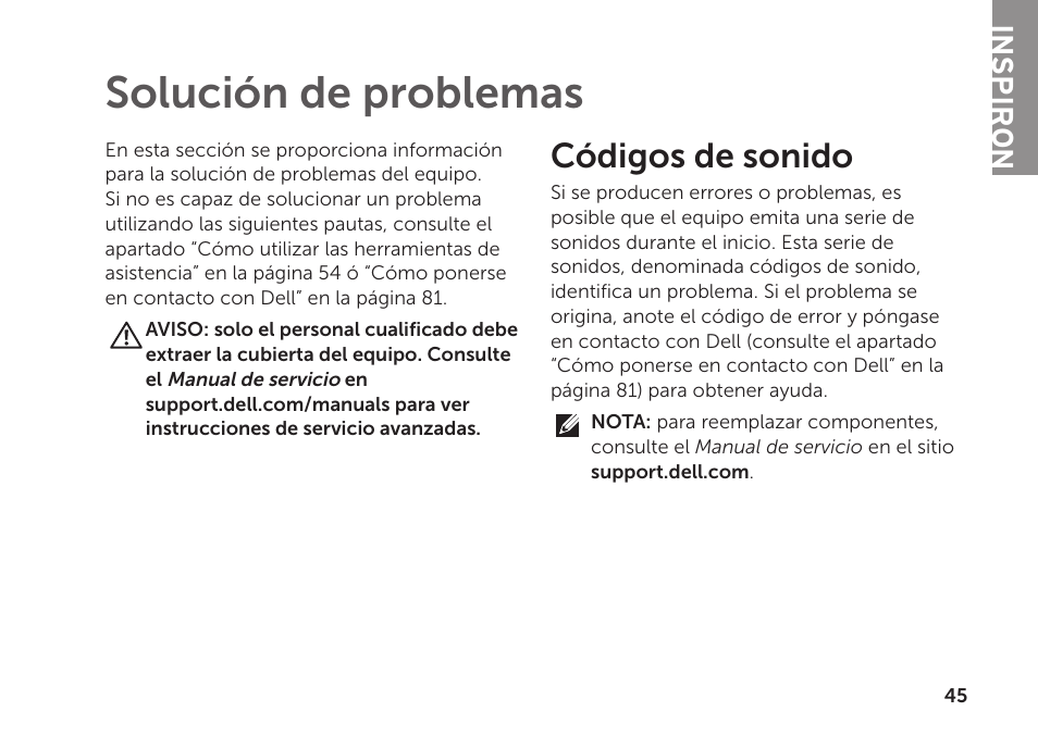 Solución de problemas, Códigos de sonido, Inspiron | Dell Inspiron Mini Duo (1090, Late 2010) User Manual | Page 47 / 102