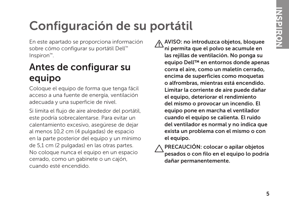Configuración de su portátil, Antes de configurar su equipo, Inspiron | Dell Inspiron Mini Duo (1090, Late 2010) User Manual | Page 7 / 102