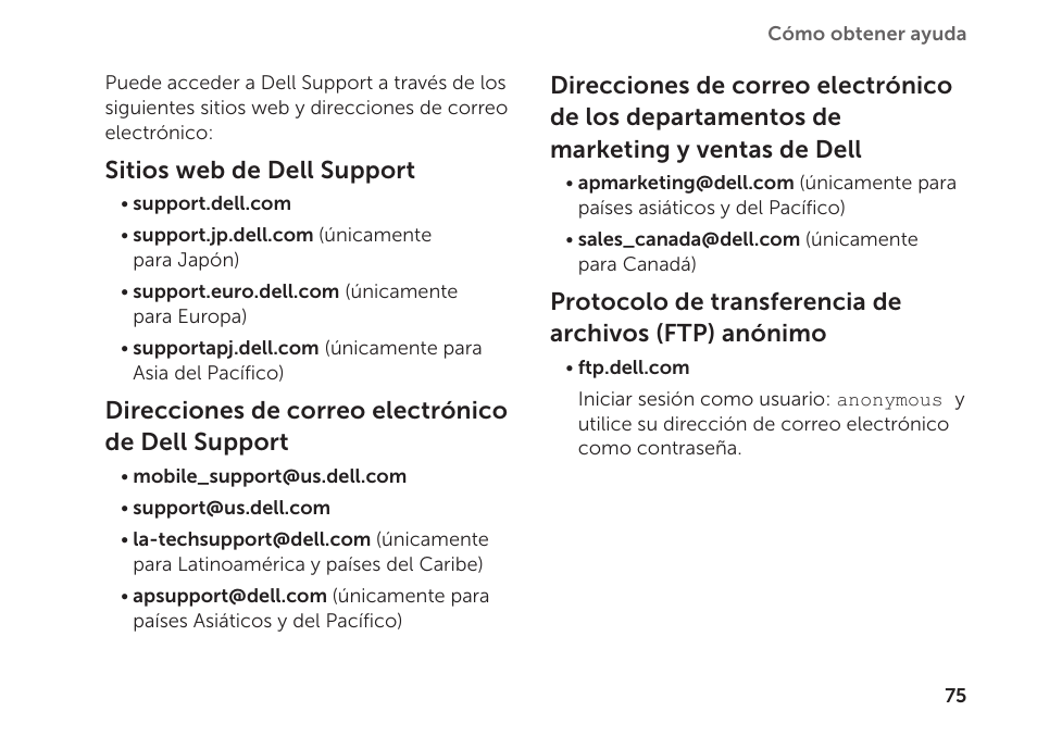 Sitios web de dell support, Direcciones de correo electrónico de dell support | Dell Inspiron Mini Duo (1090, Late 2010) User Manual | Page 77 / 102