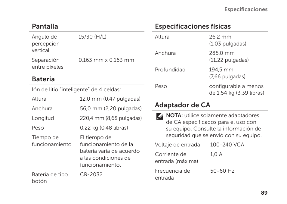 Pantalla, Batería, Especificaciones físicas | Adaptador de ca | Dell Inspiron Mini Duo (1090, Late 2010) User Manual | Page 91 / 102