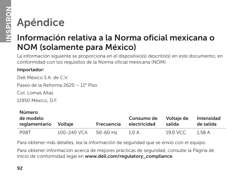 Apéndice, Información relativa a la norma, Oficial mexicana o nom (solamente para méxico) | Inspiron | Dell Inspiron Mini Duo (1090, Late 2010) User Manual | Page 94 / 102