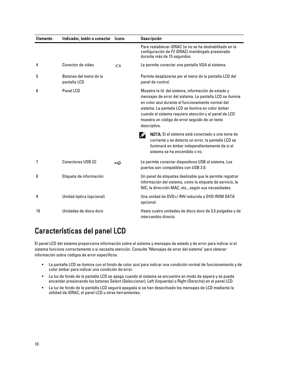 Características del panel lcd | Dell Powervault NX400 User Manual | Page 10 / 137