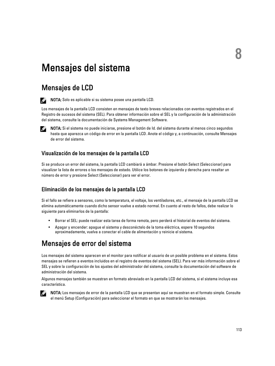 Mensajes del sistema, Mensajes de lcd, Visualización de los mensajes de la pantalla lcd | Eliminación de los mensajes de la pantalla lcd, Mensajes de error del sistema, Capítulo 8: mensajes del sistema | Dell Powervault NX400 User Manual | Page 113 / 137