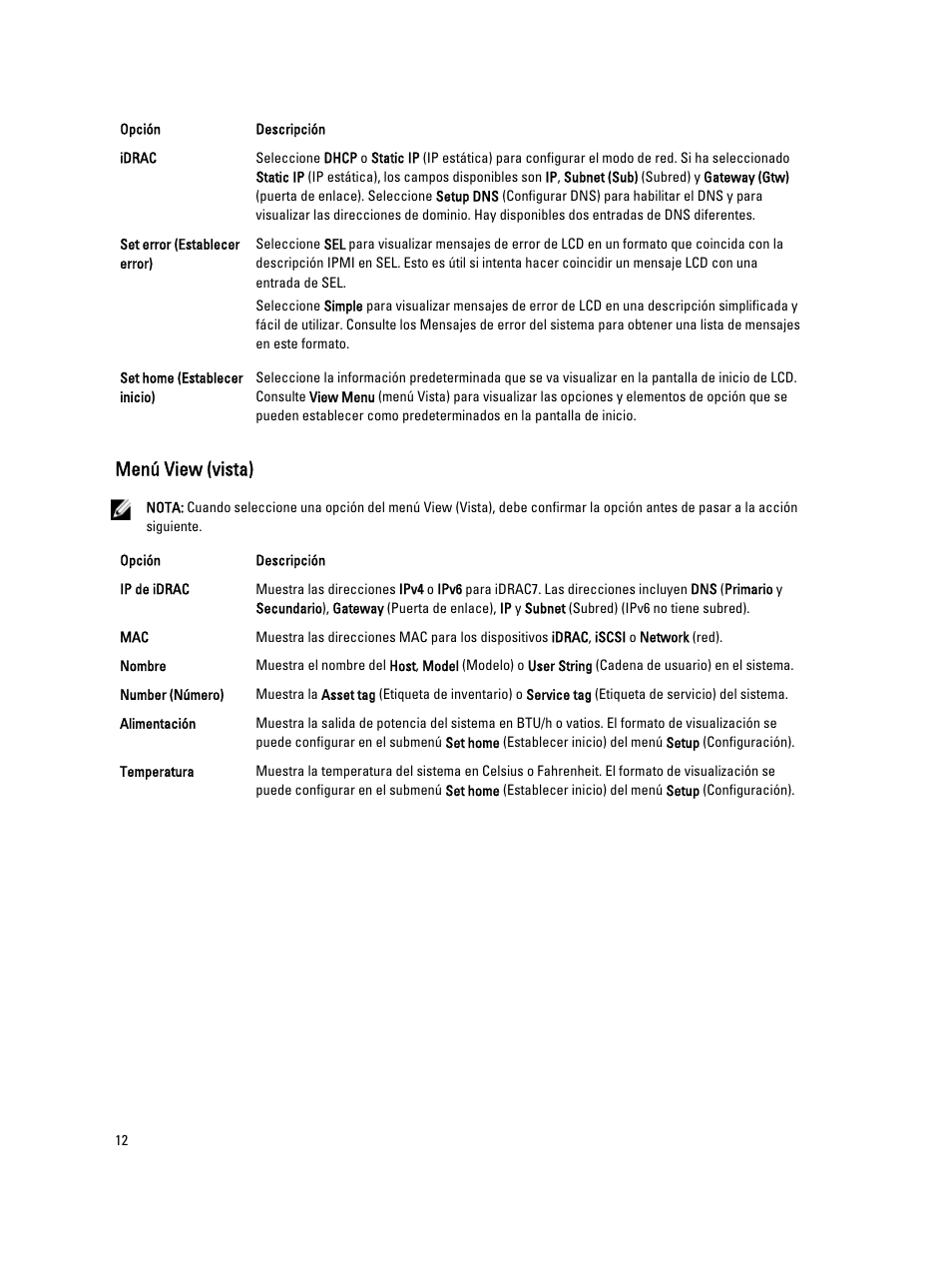 Menú view (vista) | Dell Powervault NX400 User Manual | Page 12 / 137