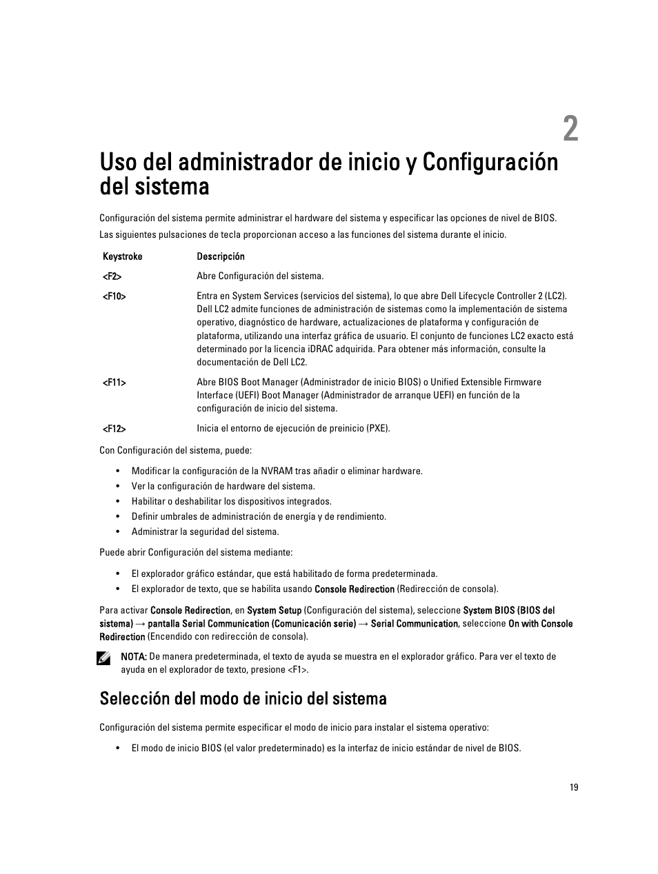 Selección del modo de inicio del sistema | Dell Powervault NX400 User Manual | Page 19 / 137