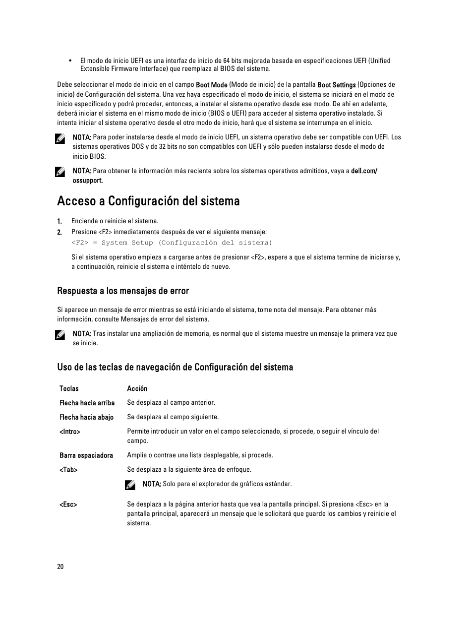 Acceso a configuración del sistema, Respuesta a los mensajes de error | Dell Powervault NX400 User Manual | Page 20 / 137