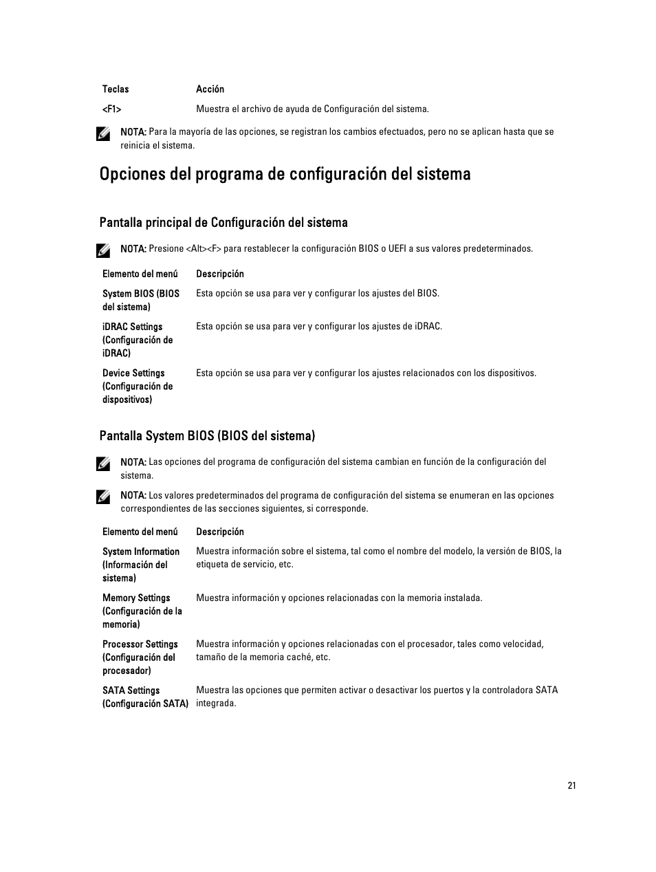 Opciones del programa de configuración del sistema, Pantalla principal de configuración del sistema, Pantalla system bios (bios del sistema) | Dell Powervault NX400 User Manual | Page 21 / 137