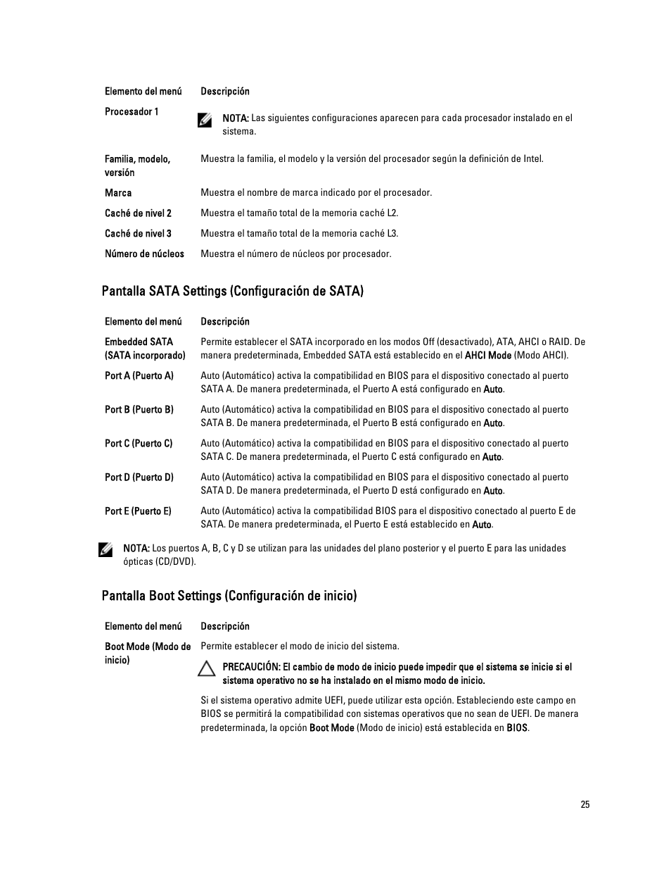 Pantalla sata settings (configuración de sata), Pantalla boot settings (configuración de inicio) | Dell Powervault NX400 User Manual | Page 25 / 137