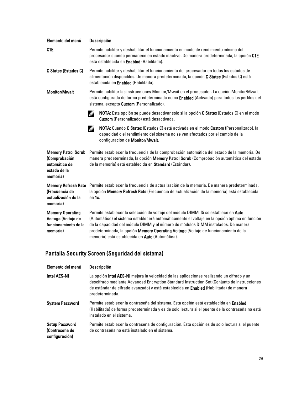 Pantalla security screen (seguridad del sistema) | Dell Powervault NX400 User Manual | Page 29 / 137