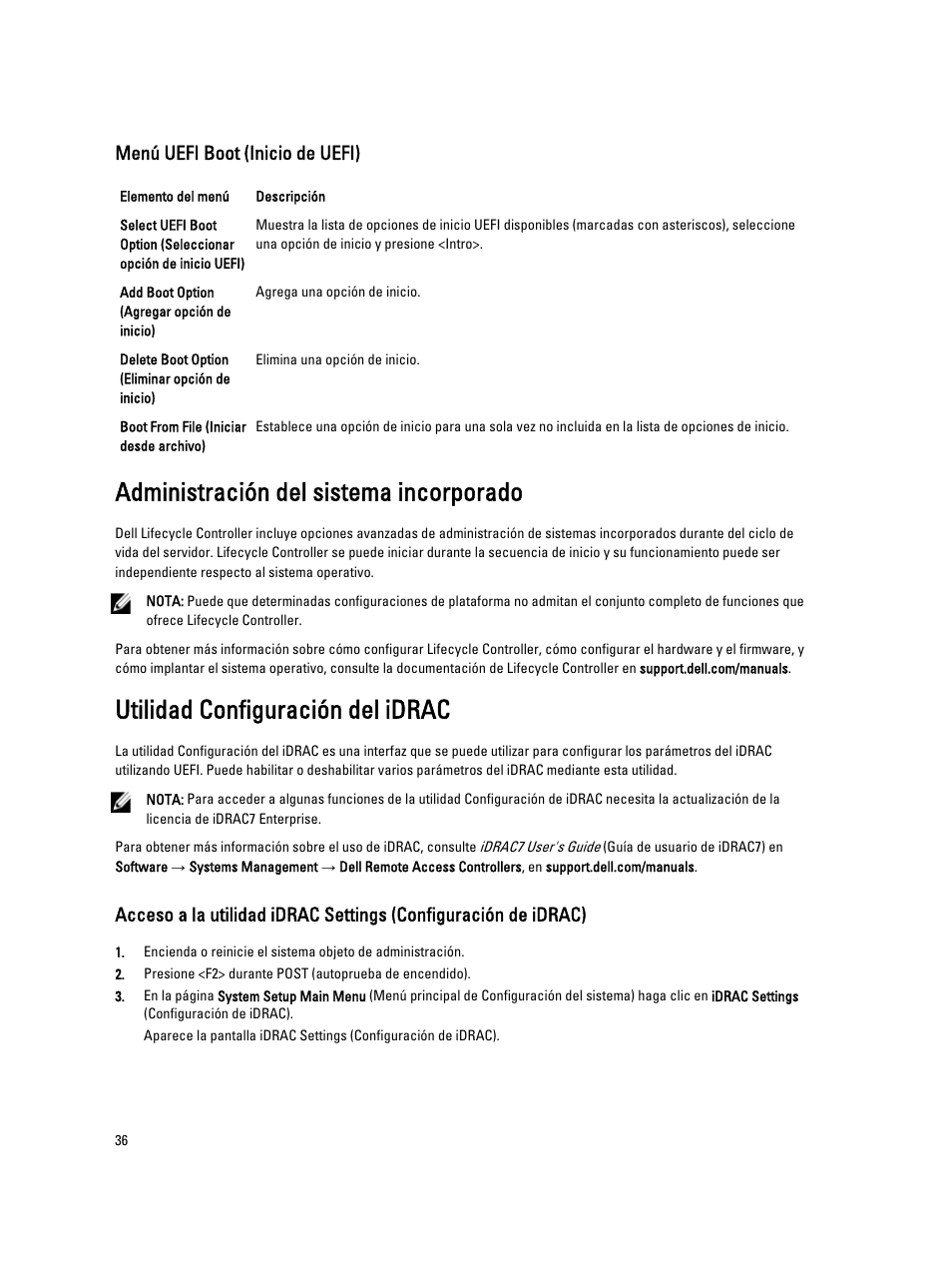Menú uefi boot (inicio de uefi), Administración del sistema incorporado, Utilidad configuración del idrac | Dell Powervault NX400 User Manual | Page 36 / 137