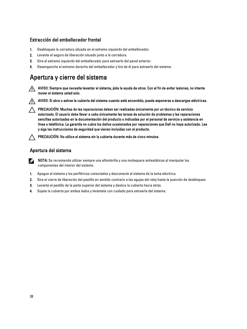 Extracción del embellecedor frontal, Apertura y cierre del sistema, Apertura del sistema | Dell Powervault NX400 User Manual | Page 38 / 137