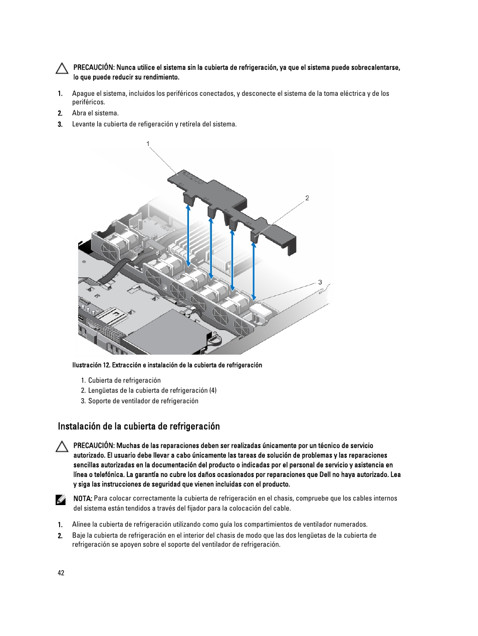 Instalación de la cubierta de refrigeración | Dell Powervault NX400 User Manual | Page 42 / 137