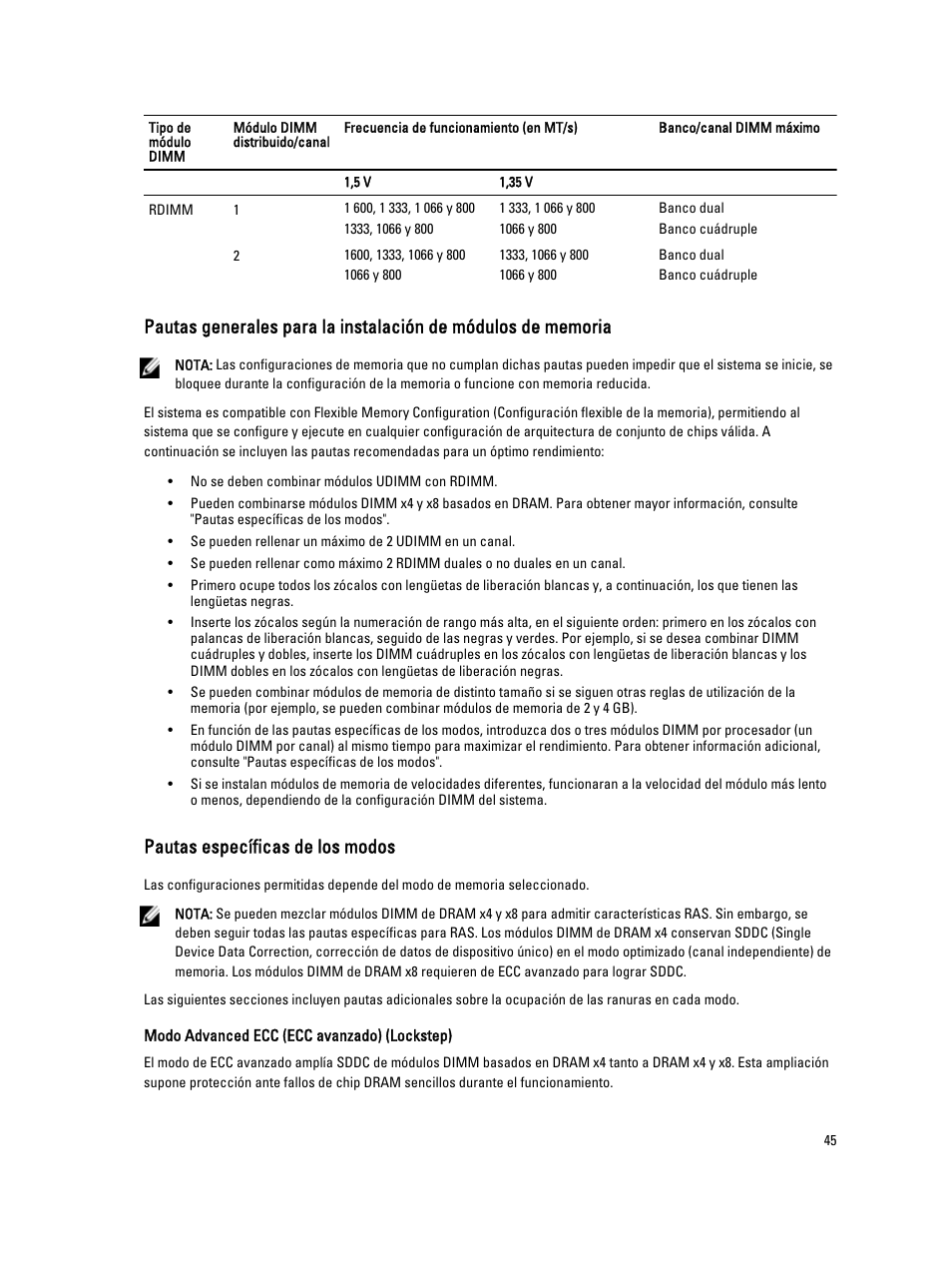 Pautas específicas de los modos | Dell Powervault NX400 User Manual | Page 45 / 137