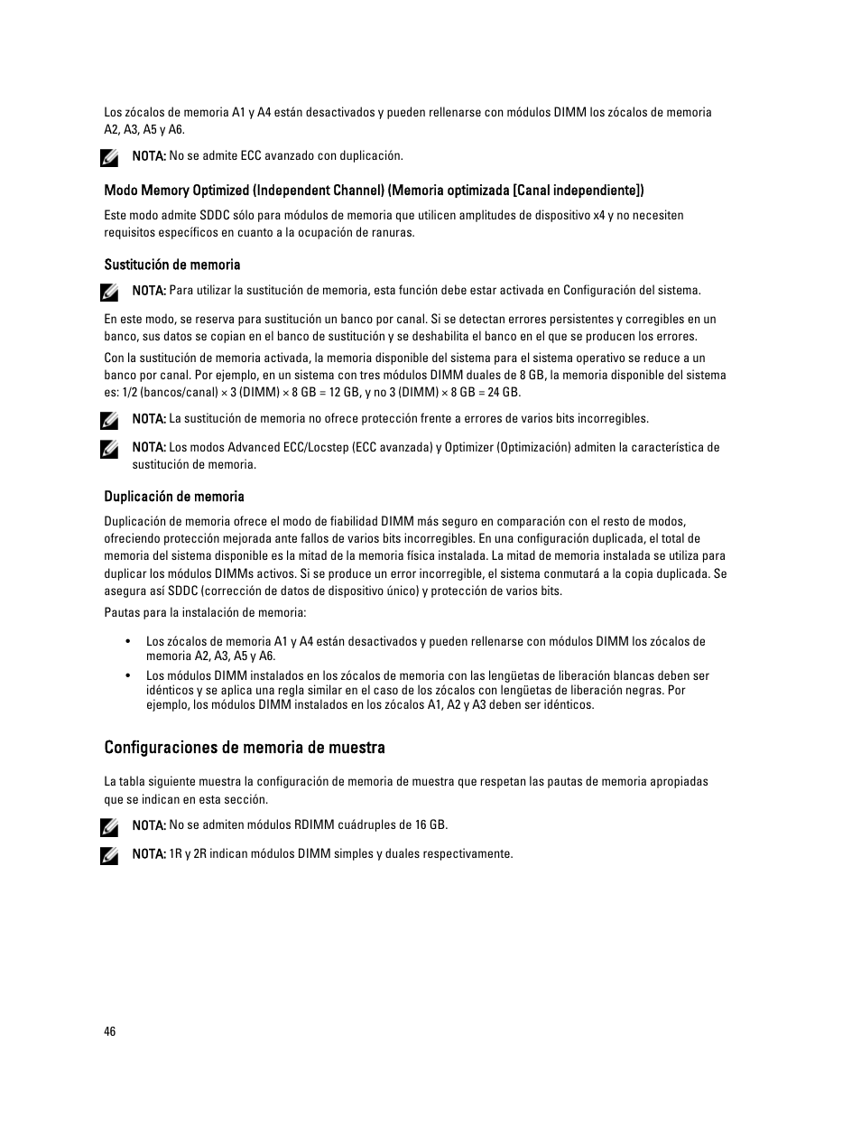 Configuraciones de memoria de muestra | Dell Powervault NX400 User Manual | Page 46 / 137