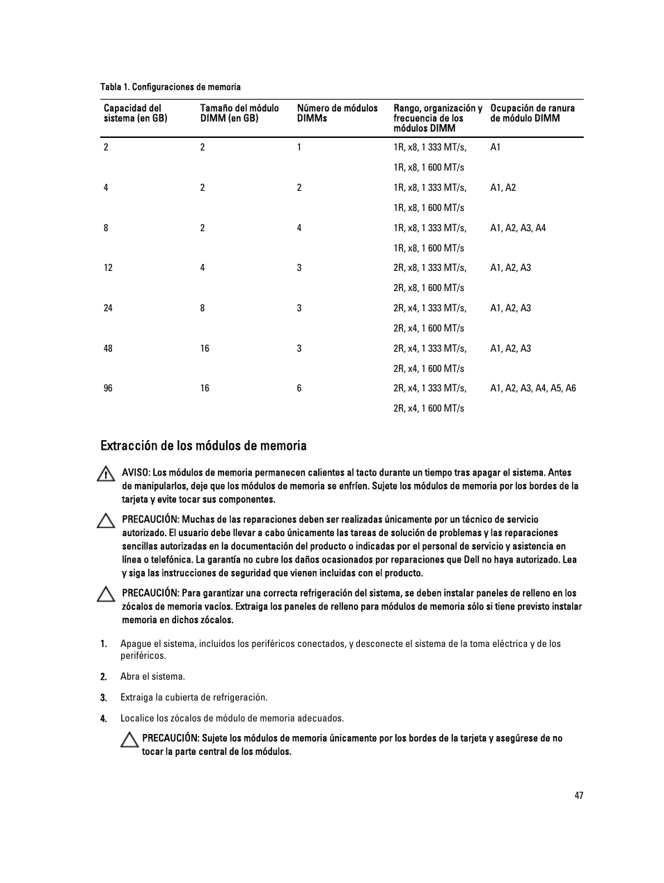 Extracción de los módulos de memoria | Dell Powervault NX400 User Manual | Page 47 / 137