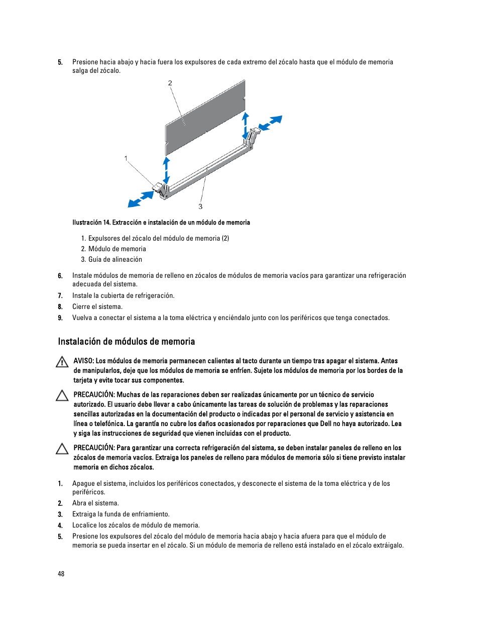 Instalación de módulos de memoria | Dell Powervault NX400 User Manual | Page 48 / 137