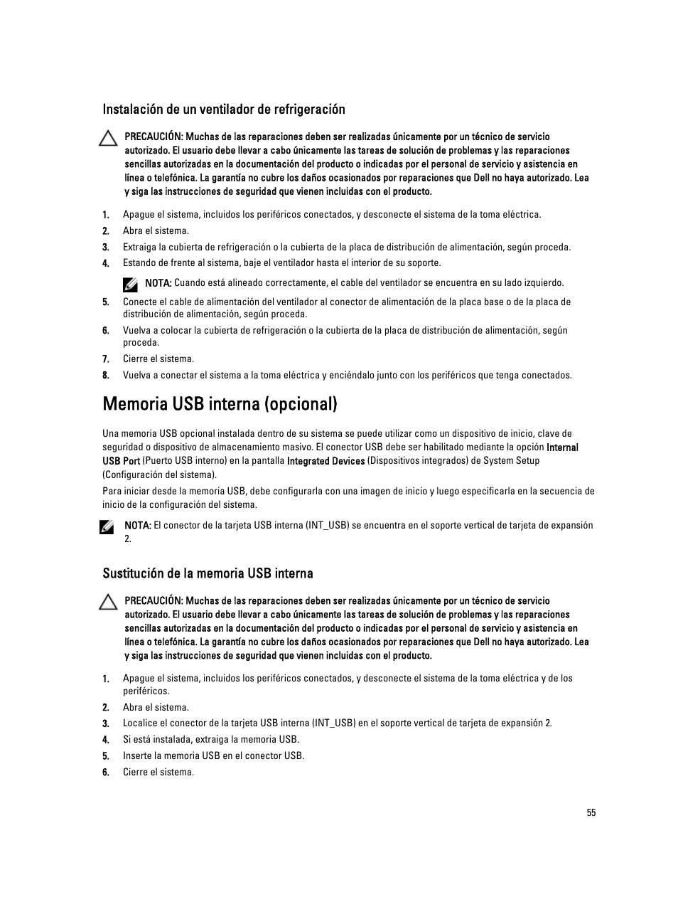 Instalación de un ventilador de refrigeración, Memoria usb interna (opcional), Sustitución de la memoria usb interna | Dell Powervault NX400 User Manual | Page 55 / 137