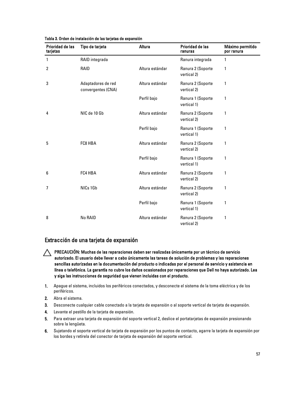 Extracción de una tarjeta de expansión | Dell Powervault NX400 User Manual | Page 57 / 137